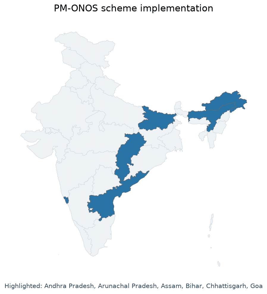 Map of Andhra Pradesh, Arunachal Pradesh, Assam, Bihar, Chhattisgar highlighted on the map of India — PM-ONOS scheme for…