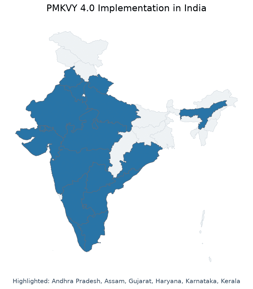 Map of Andhra Pradesh, Assam, Gujarat, Haryana, Karnataka, Kerala, highlighted on the map of India — PMKVY 4.0 latest…