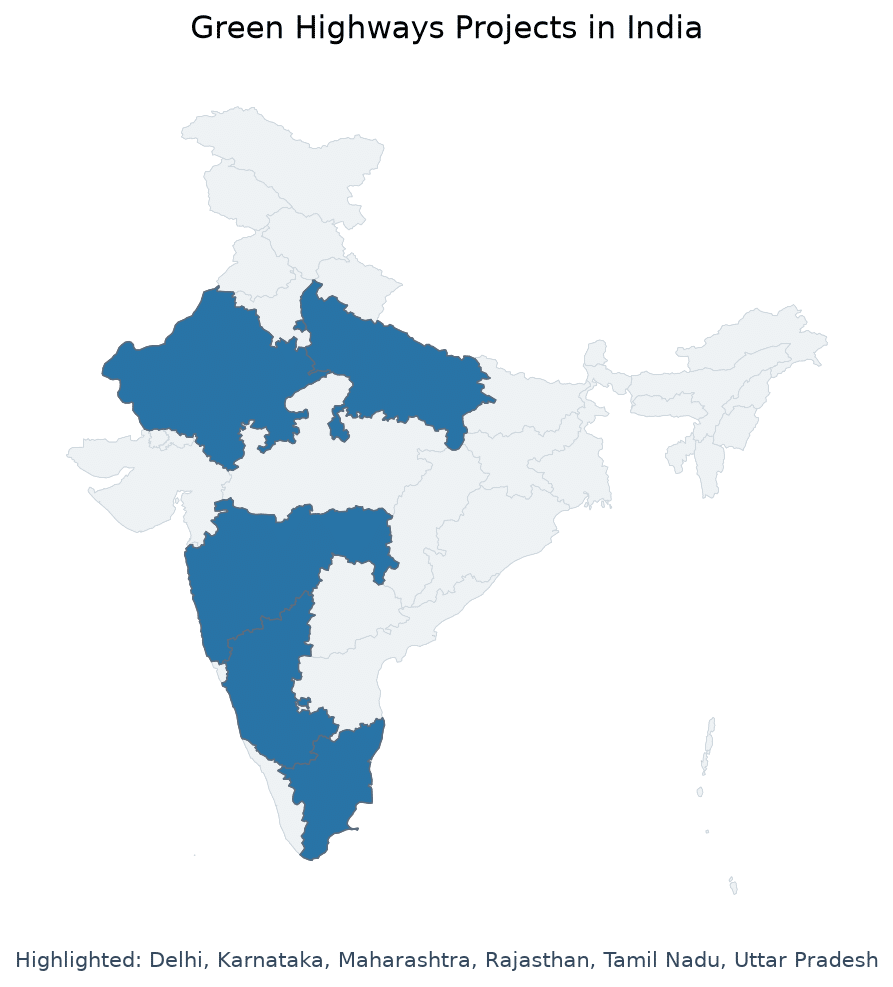 Map of Delhi, Uttar Pradesh, Maharashtra, Tamil Nadu, Karnataka, Ra highlighted on the map of India — Green Highways…