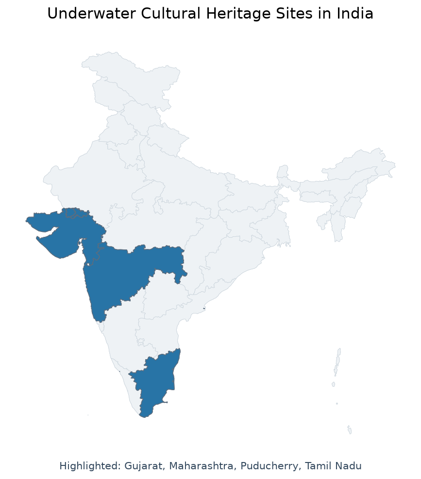 Map of Gujarat, Maharashtra, Tamil Nadu, Puducherry highlighted on the map of India — Underwater cultural heritage India…