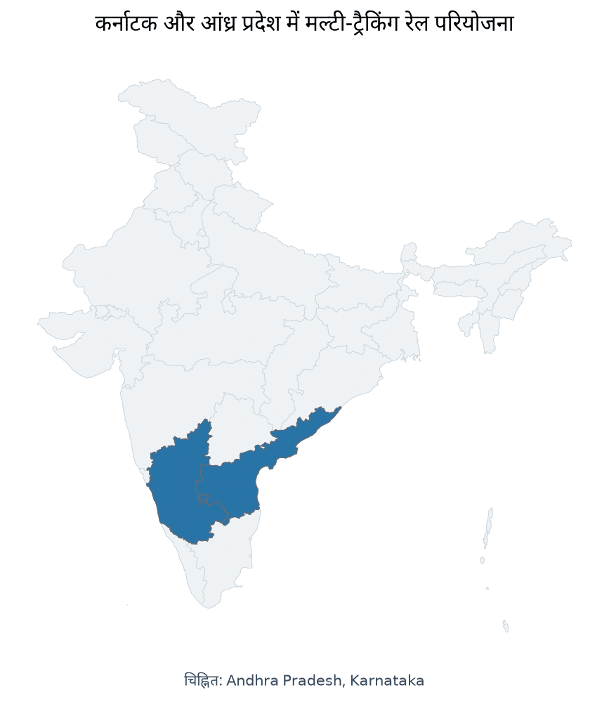 Map of Karnataka, Andhra Pradesh highlighted on the map of India — रेल नेटवर्क विस्तार 2028-29, बल्लारी गुंटकल रेल…