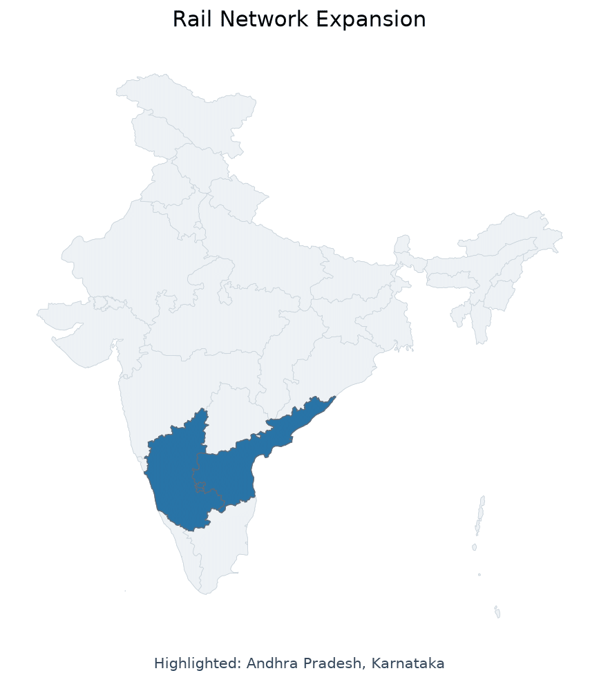 Map of Karnataka, Andhra Pradesh highlighted on the map of India — railway expansion project