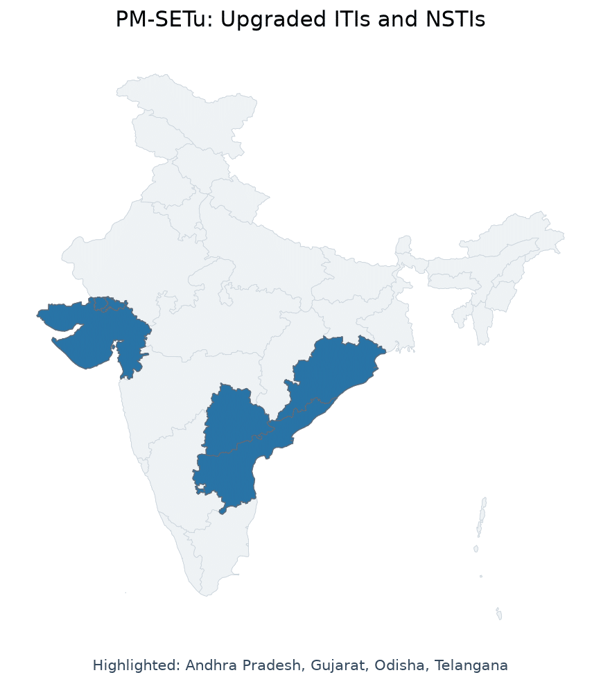 Map of Telangana, Andhra Pradesh, Odisha, Gujarat, Bhubaneswar, Che highlighted on the map of India — PM-SEETU scheme ITI…