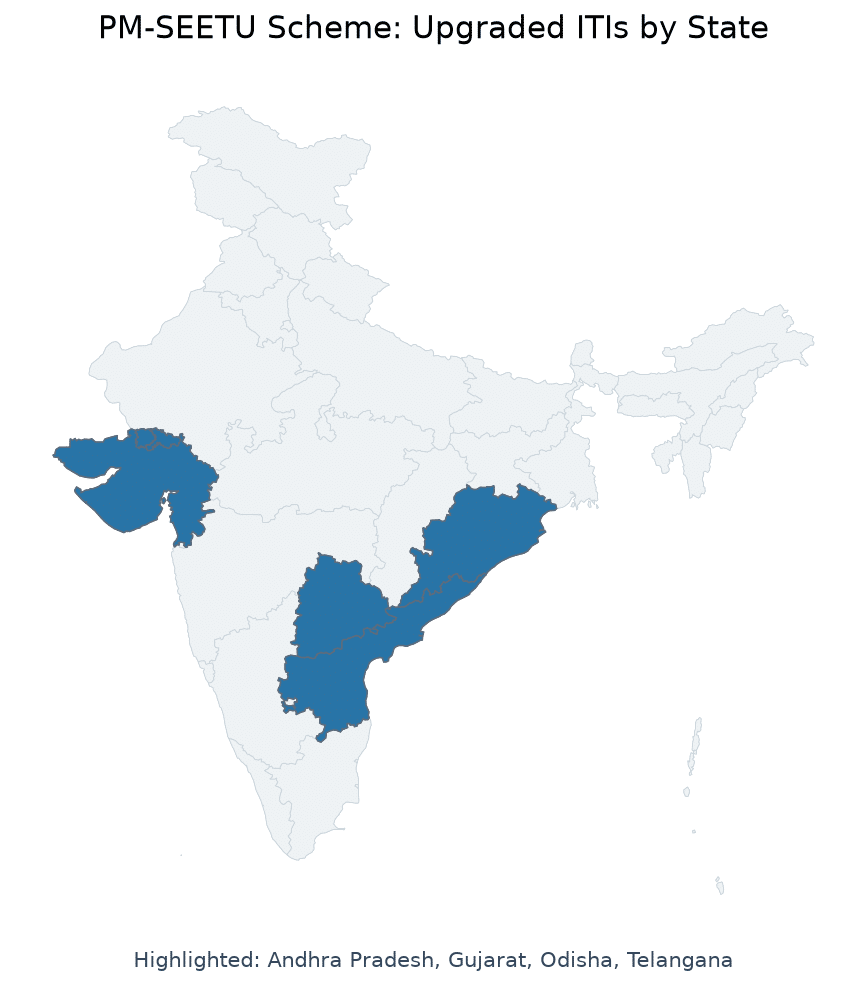 Map of Telangana, Andhra Pradesh, Odisha, Gujarat, Bhubaneswar, Che highlighted on the map of India — PM-SEETU scheme ITI…