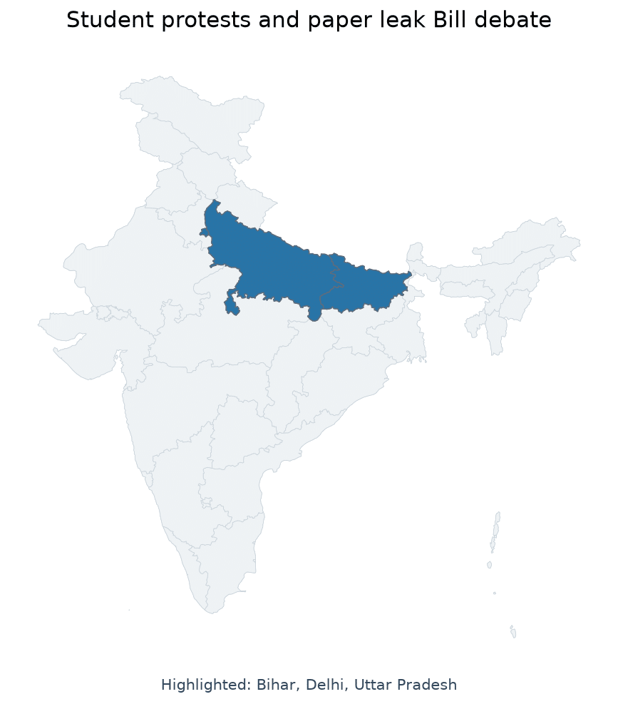 Map of Uttar Pradesh, Delhi, Bihar highlighted on the map of India — Public Examinations Amendment Bill 2026