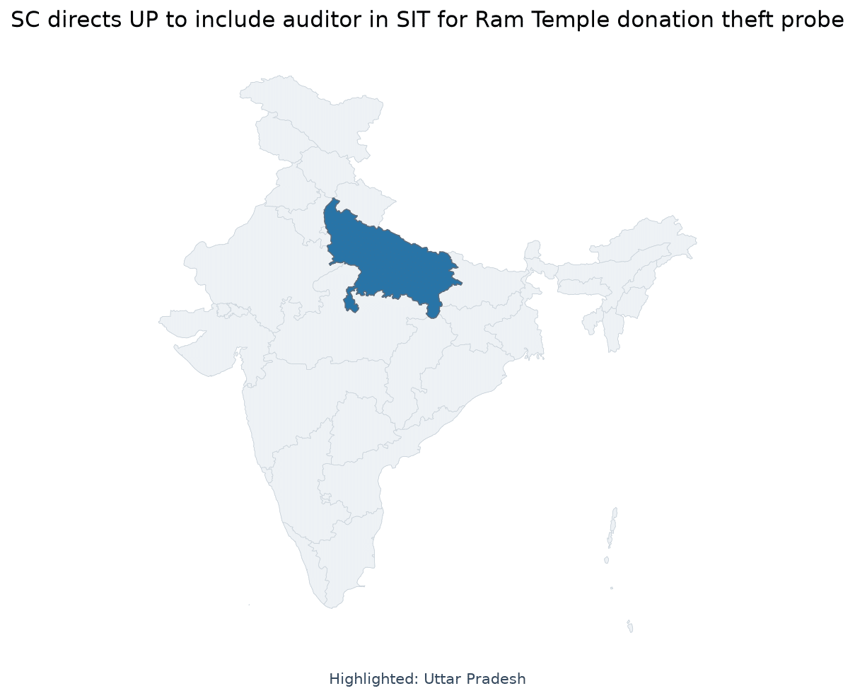 Map of Uttar Pradesh highlighted on the map of India — Ram Temple donation theft probe SIT Supreme Court
