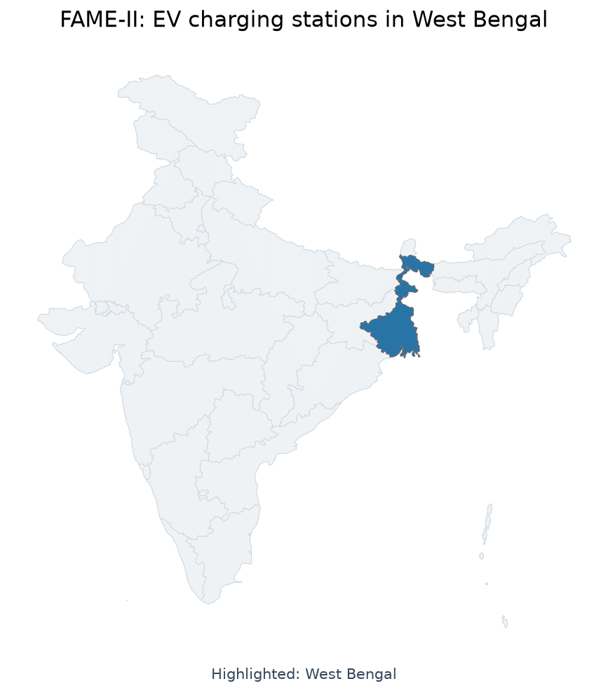 Map of West Bengal highlighted on the map of India — FAME-II scheme EV charging stations allocation 2026