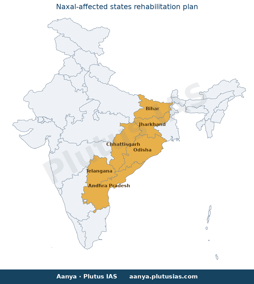 Map of Chhattisgarh, Jharkhand, Odisha, Bihar, Andhra Pradesh, Tela highlighted on the map of India — Naxal affected…