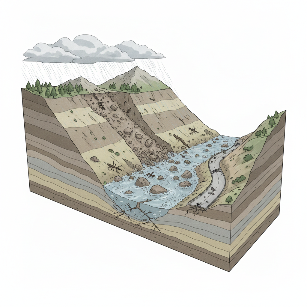 Four dead, five Army personnel missing after landslide, flash flood in Arunachal — labelled illustration