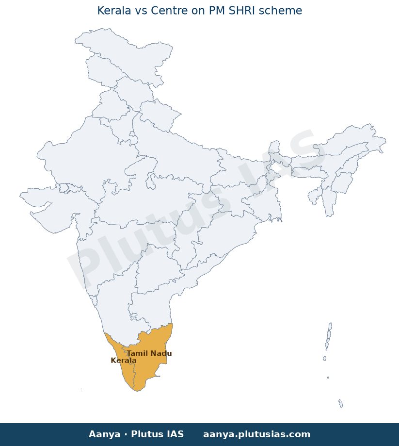 Map of Kerala, Tamil Nadu highlighted on the map of India — PM SHRI scheme Kerala controversy