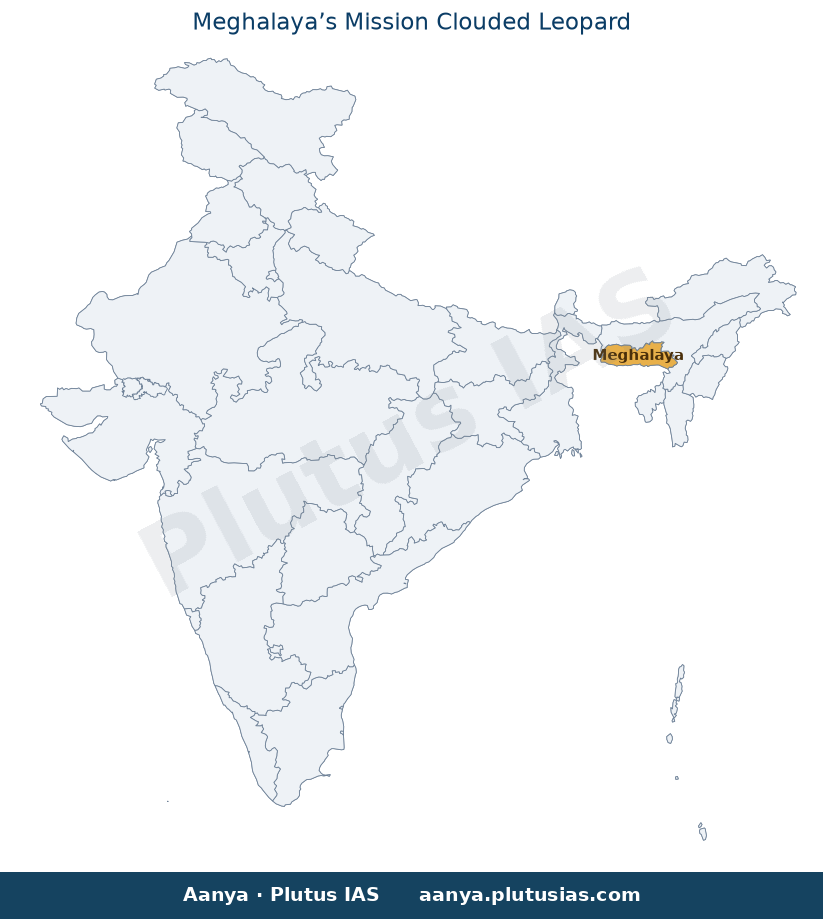 Map of Meghalaya highlighted on the map of India — Meghalaya clouded leopard conservation mission