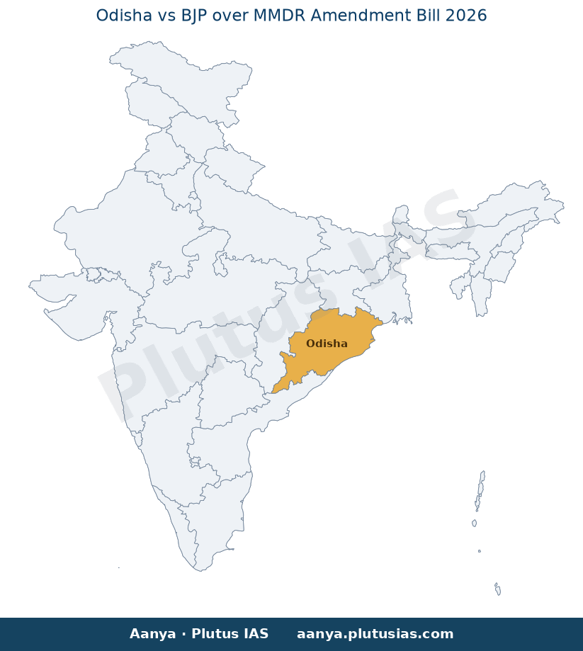 Map of Odisha highlighted on the map of India — MMDR Amendment Bill 2026 impact on Odisha