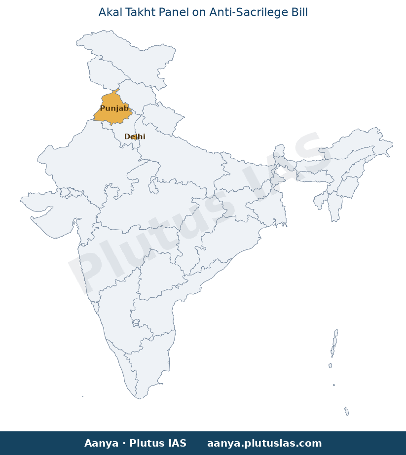 Map of Punjab, Amritsar, Delhi highlighted on the map of India — anti-sacrilege bill compliance report Akal Takht panel