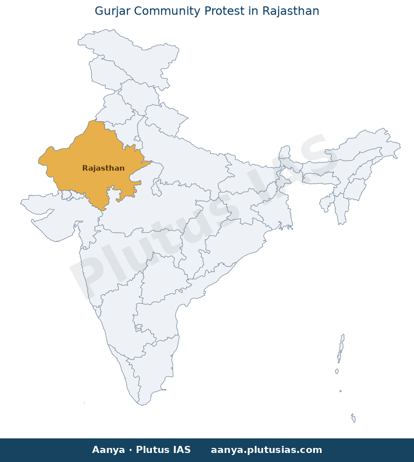 Map of Rajasthan highlighted on the map of India — Rajasthan OBC caste report Gurjar protest reservation local elections