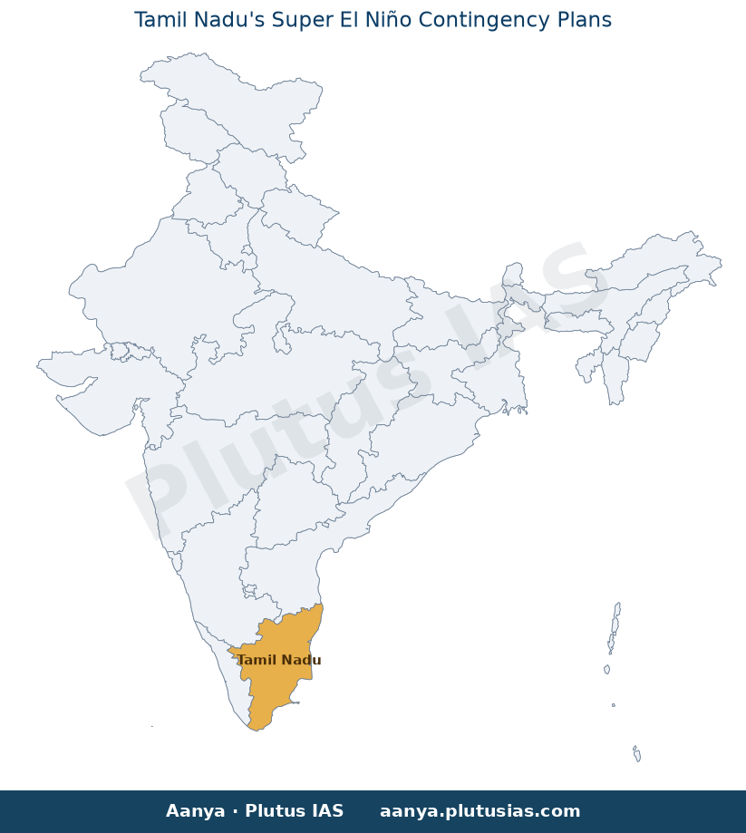 Map of Tamil Nadu highlighted on the map of India — Tamil Nadu Agriculture Budget 2026 Super El Niño impact