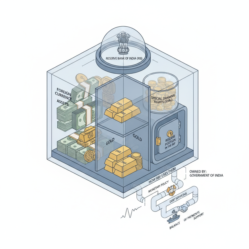 UPSC topic on India's forex reserves: What they are, who owns them and how RBI uses them — labelled illustration