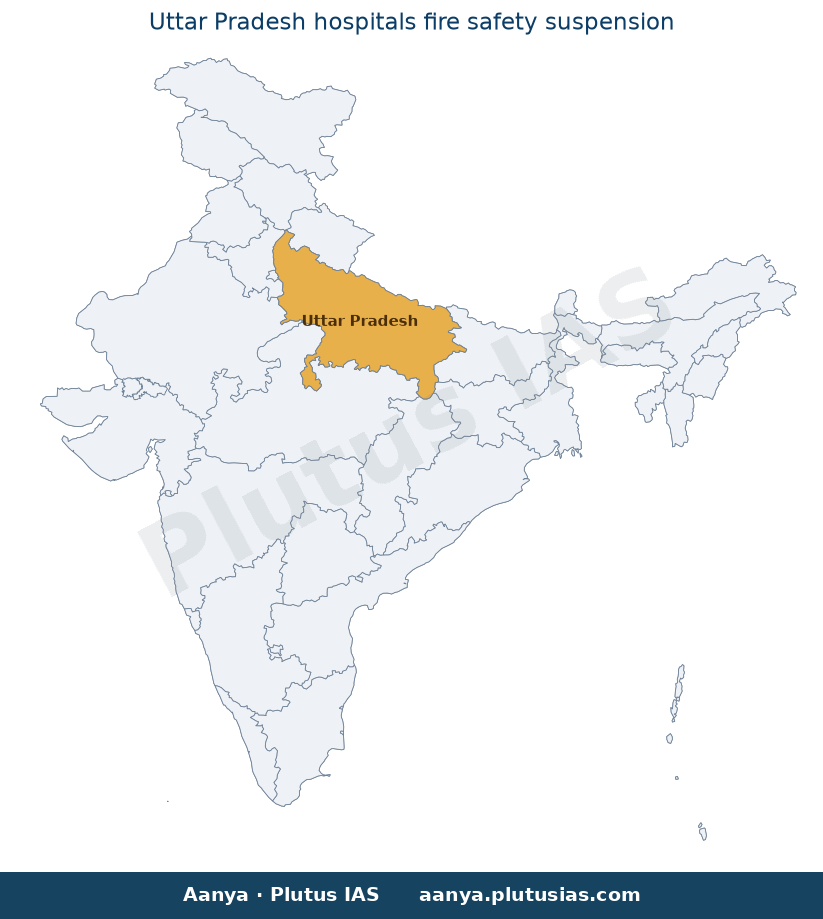 Map of Uttar Pradesh highlighted on the map of India — Ayushman Bharat hospital suspension UP fire safety norms
