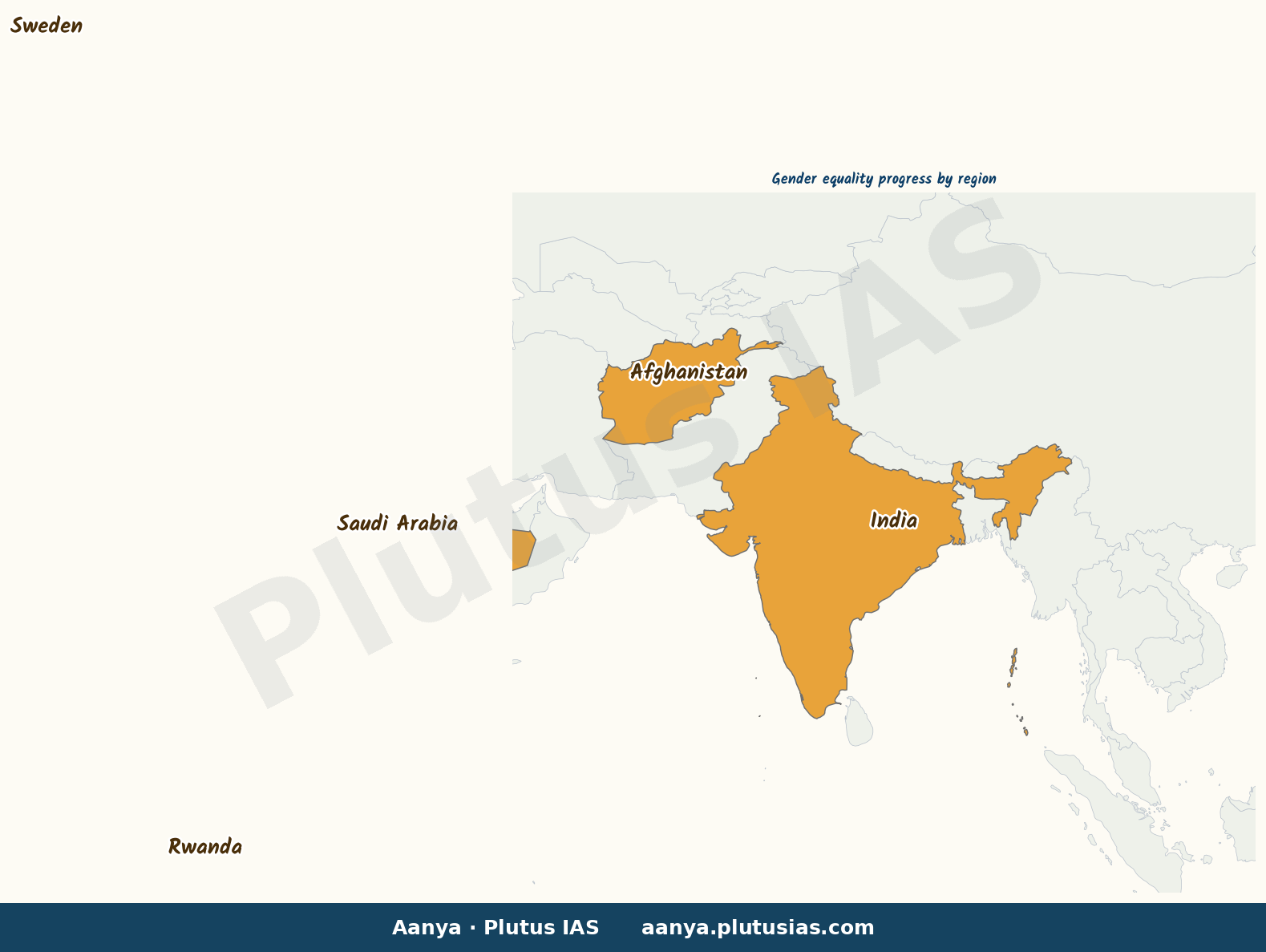 Map of Afghanistan, Saudi Arabia, India, United States, Sweden, Rwa highlighted on the map of India — gender equality…