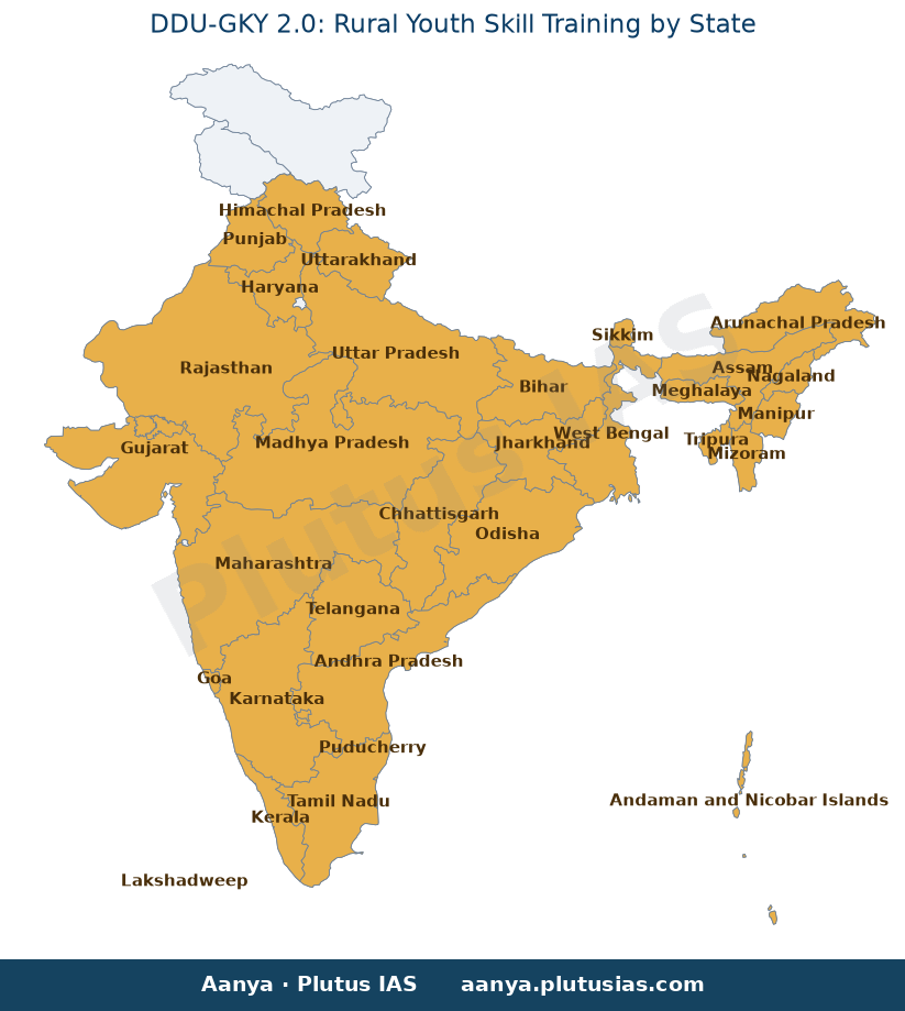 Map of Andhra Pradesh, Arunachal Pradesh, Assam, Bihar, Chhattisgar highlighted on the map of India — DDU-GKY 2.0 rural…