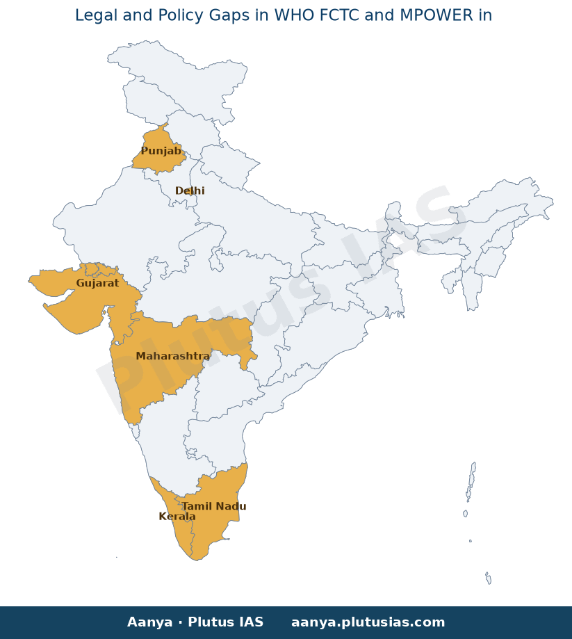 Map of Delhi, Kerala, Tamil Nadu, Maharashtra, Punjab, Gujarat highlighted on the map of India — WHO FCTC implementation…