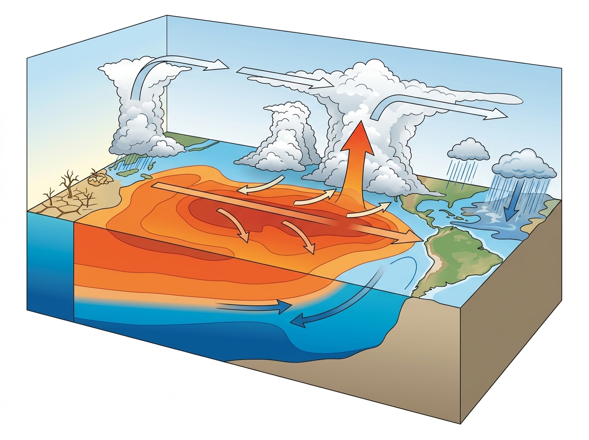 Ecologists urge scientists and policymakers to study imminent ‘Super’ El Niño to prepare for the future — labelled illustration