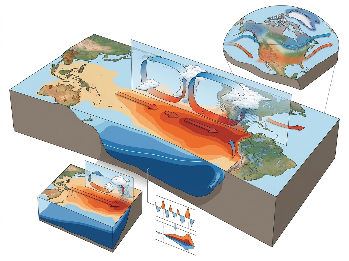 Ecologists urge scientists and policymakers to study imminent ‘Super’ El Niño to prepare for the future — labelled illustration