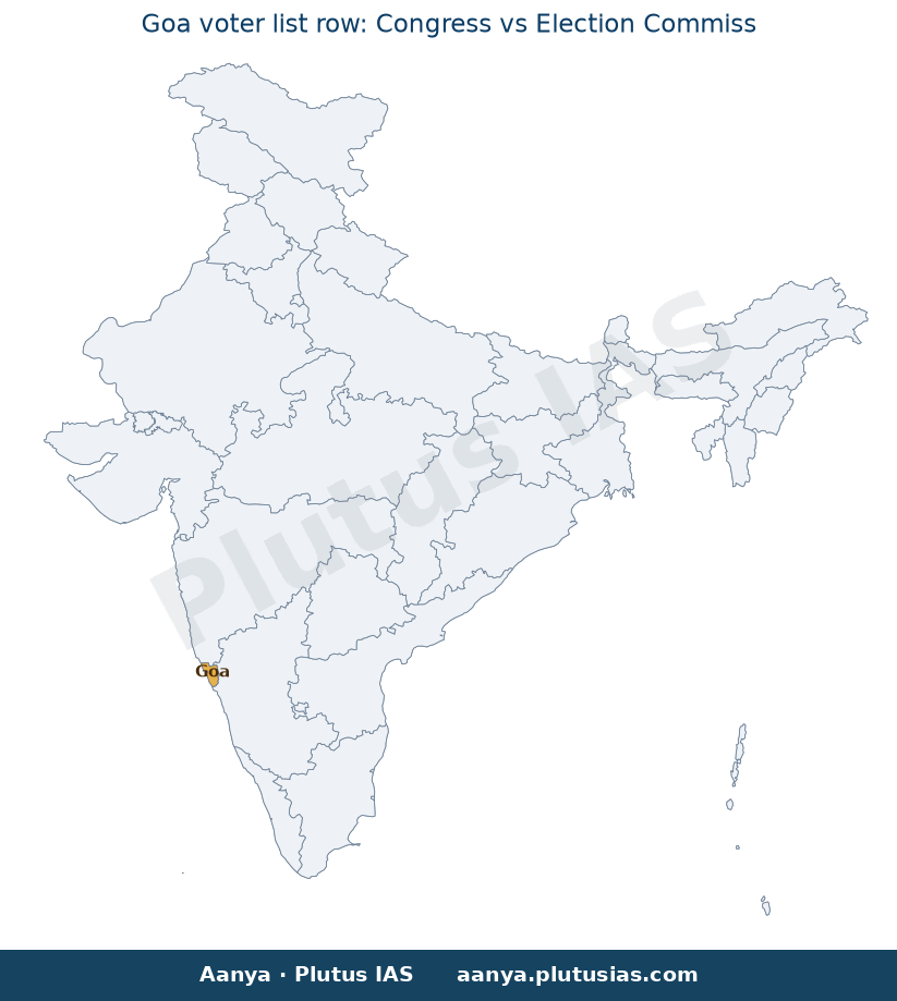 Map of Goa highlighted on the map of India — Goa voter list controversy ECI resignation demand