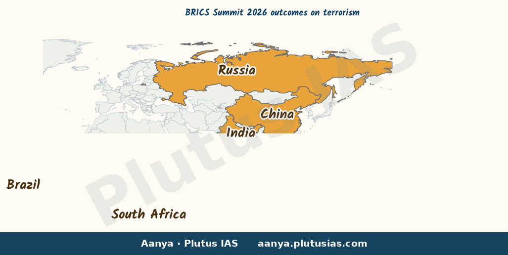 Map of India, Brazil, Russia, China, South Africa highlighted on the map of India — BRICS Summit 2026 New Delhi…