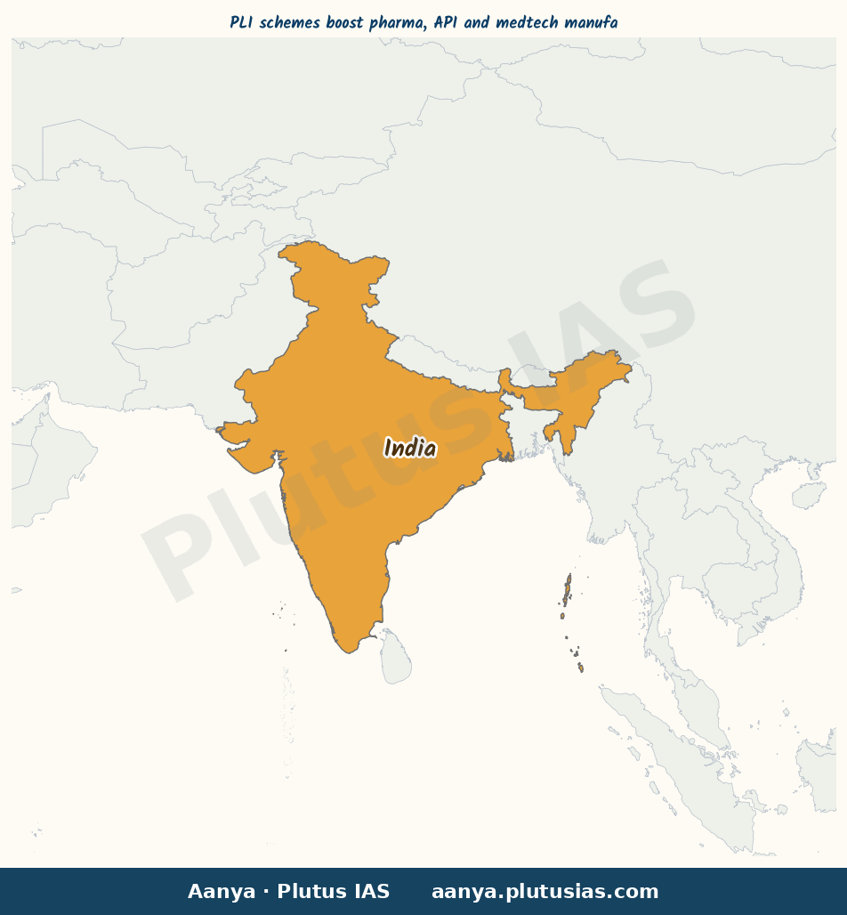 Map of India highlighted on the map of India — Production Linked Incentive PLI scheme India pharma medical devices…
