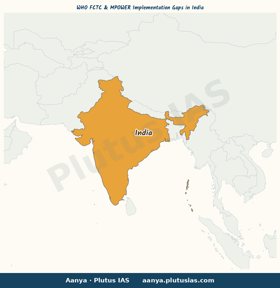 Map of India highlighted on the map of India — WHO FCTC MPOWER implementation gaps in India 2026