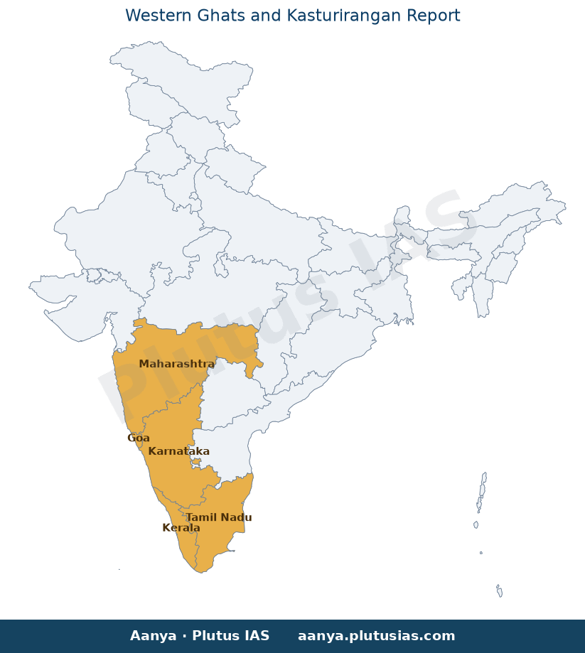Map of Karnataka, Kerala, Goa, Maharashtra, Tamil Nadu highlighted on the map of India — Kasturirangan report livelihood…