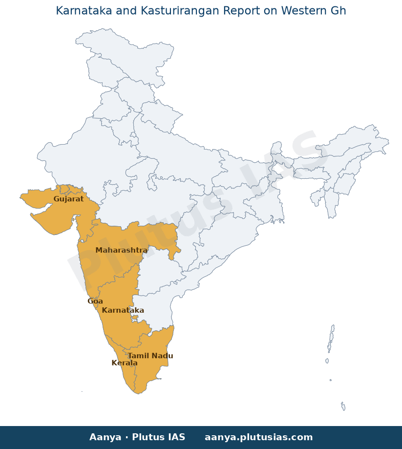 Map of Karnataka, Kerala, Tamil Nadu, Maharashtra, Goa, Gujarat highlighted on the map of India — Kasturirangan Report…