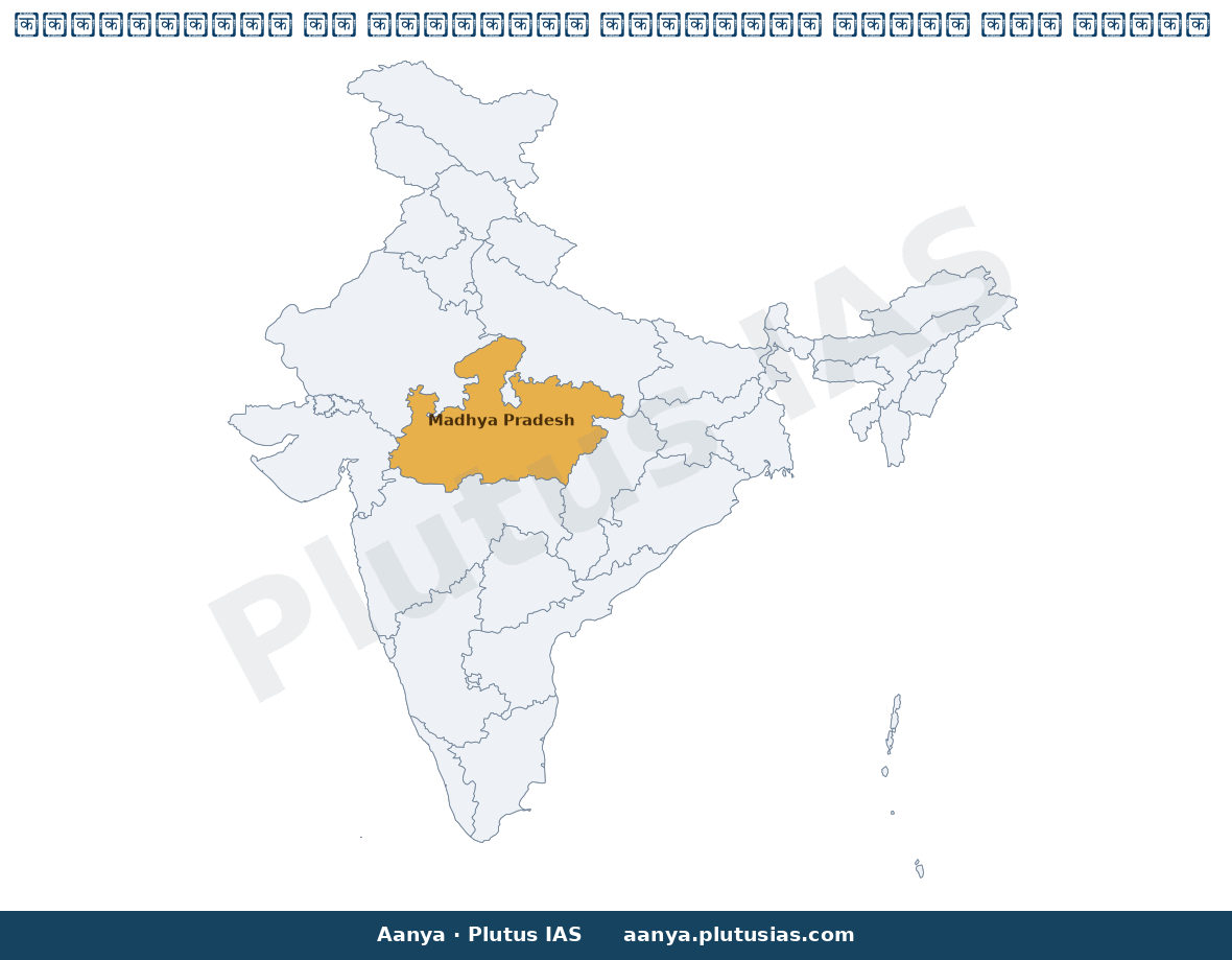Map of Madhya Pradesh highlighted on the map of India — यूनेस्को टेंटेटिव लिस्ट मध्यप्रदेश 2026
