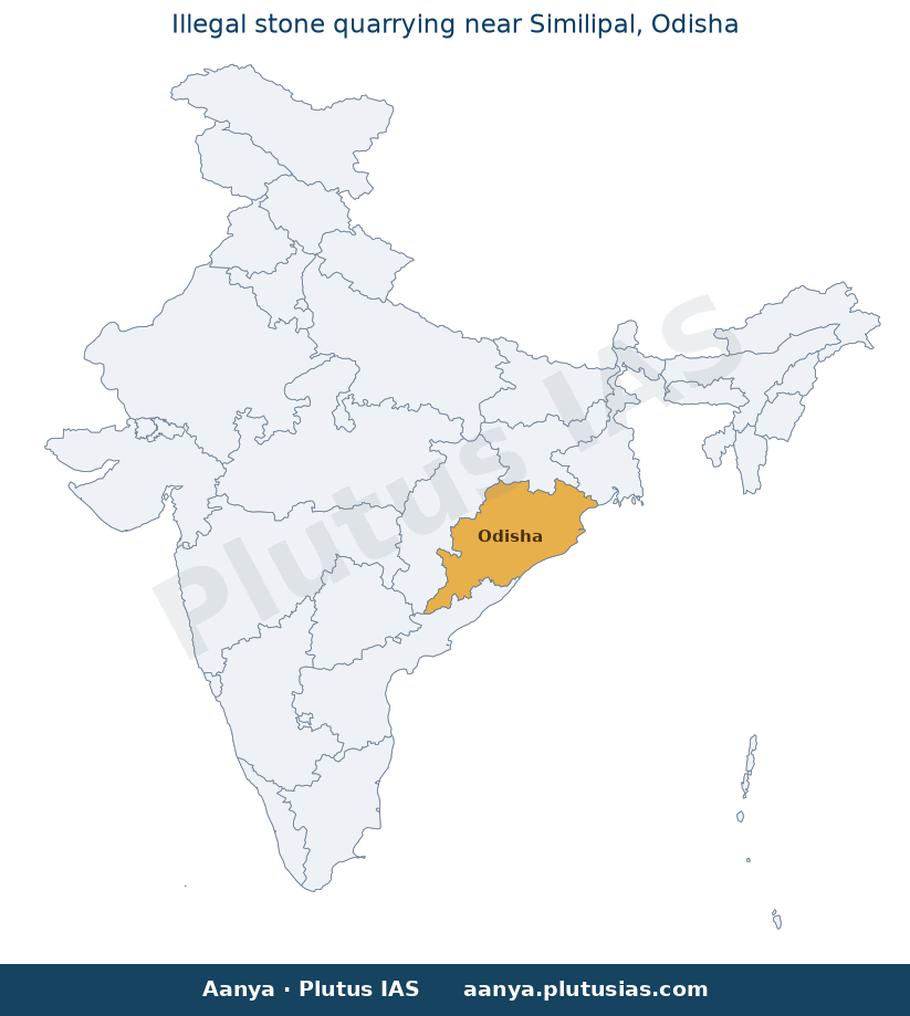 Map of Odisha, Mayurbhanj highlighted on the map of India — illegal stone quarrying Similipal Odisha NHRC
