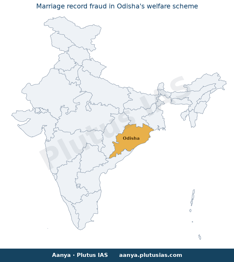 Map of Odisha highlighted on the map of India — Odisha welfare fraud Nirman Shramik Scheme fake marriages