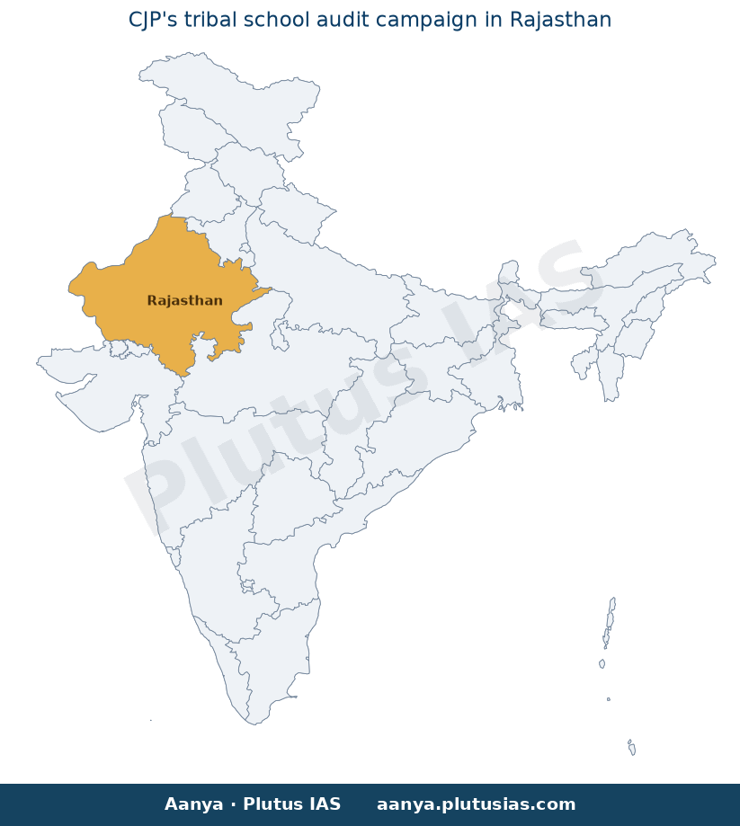 Map of Rajasthan highlighted on the map of India — Rajasthan tribal schools audit CJP exam preparation