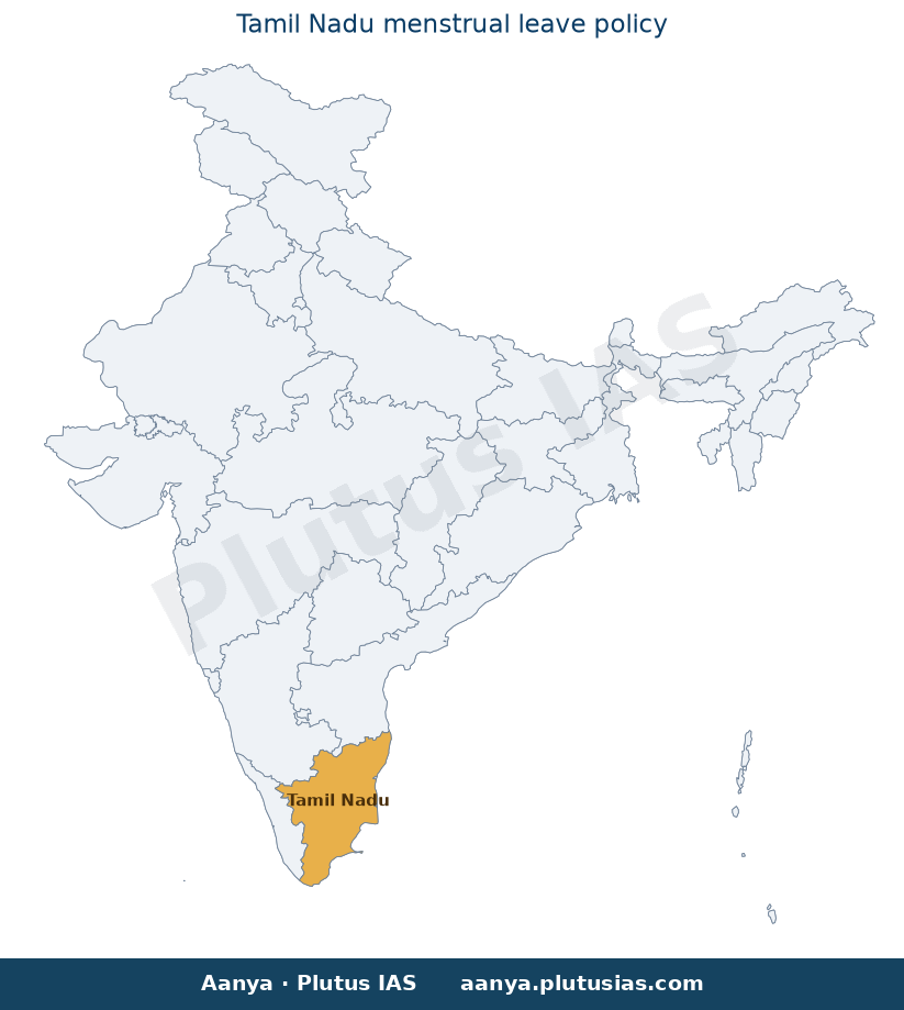 Map of Tamil Nadu highlighted on the map of India — paid menstrual leave policy Tamil Nadu
