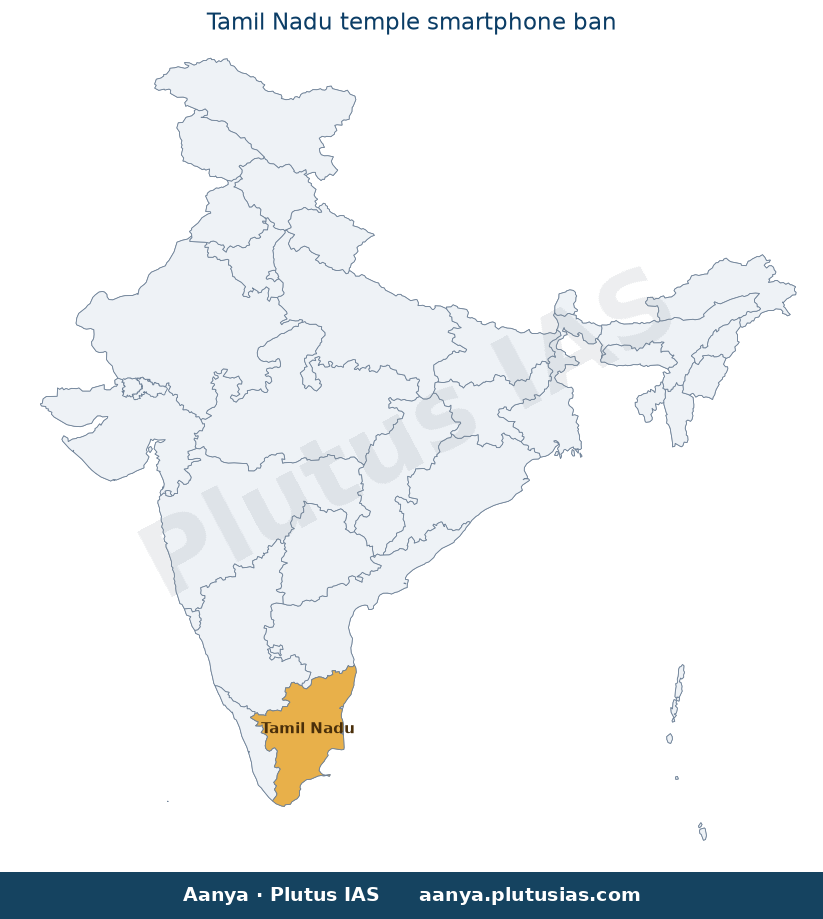 Map of Tamil Nadu highlighted on the map of India — Tamil Nadu temple smartphone ban 2026