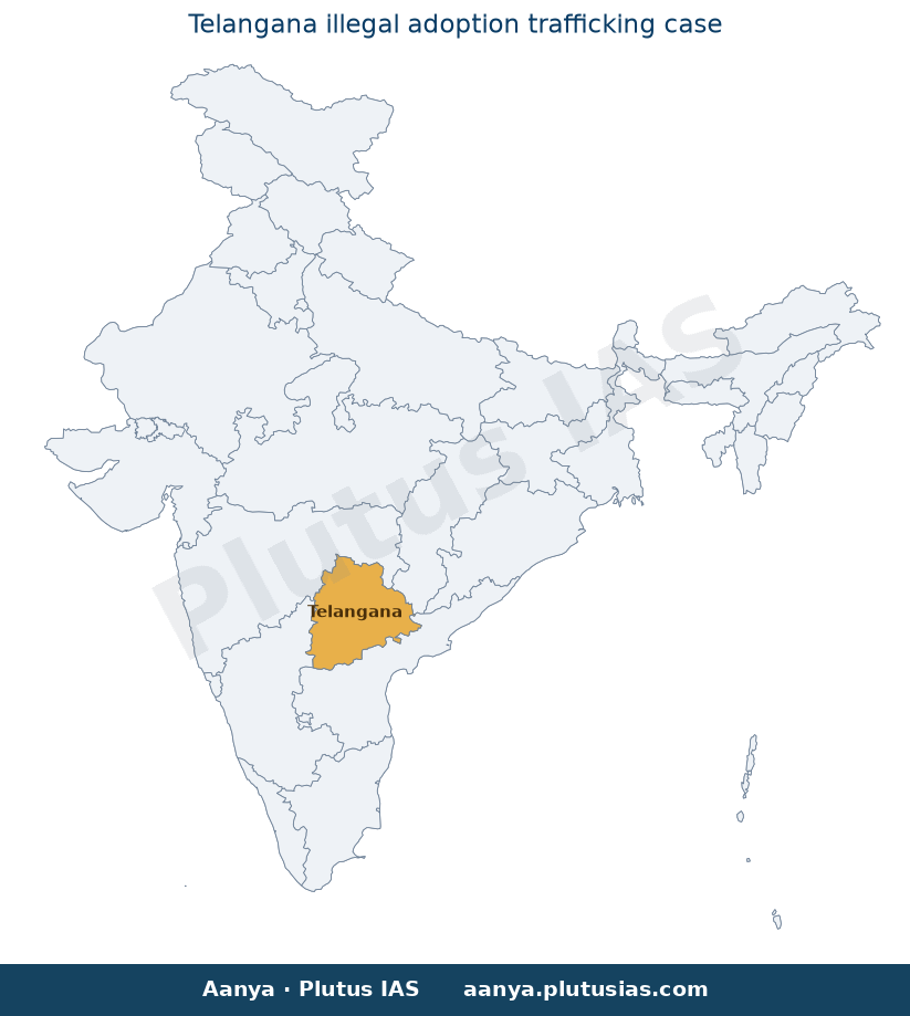 Map of Telangana highlighted on the map of India — illegal adoption trafficking Telangana HC suo motu PIL