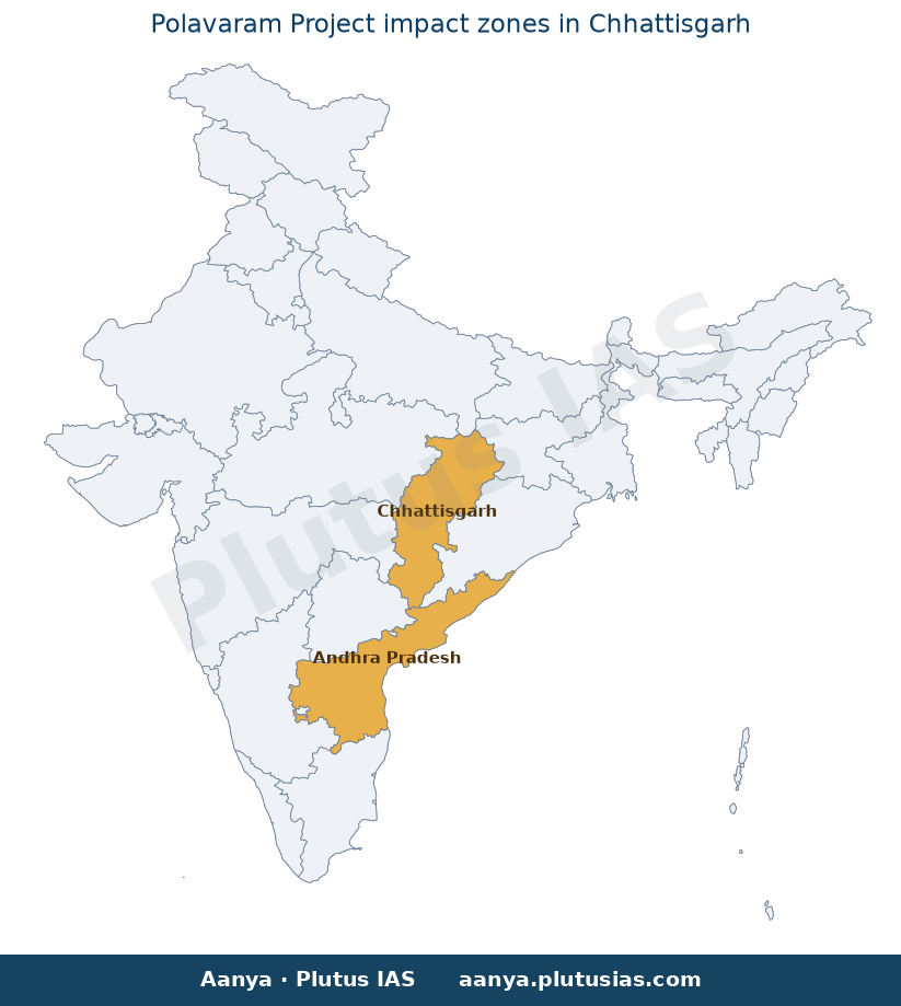 Map of Chhattisgarh, Andhra Pradesh highlighted on the map of India — Polavaram project impact on Chhattisgarh villages